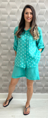Compleuri Dama - Compleu dama din 100% in cu camasa cu buline si pantaloni scurti