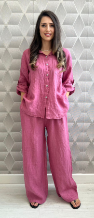 Compleuri elegante - Compleu dama din 100% in cu camasa si pantaloni largi