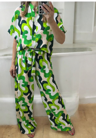 Compleuri Dama - Compleu dama din vascoza cu imprimeu abstract, camasa lejera si pantaloni palazzo, marime universala