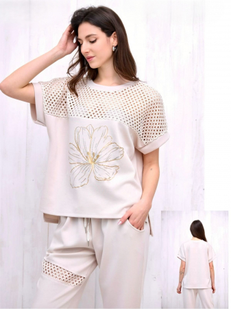 Compleuri Dama - Compleu dama elegant cu imprimeu floral si perforatii aurii – Set Bluza si pantaloni