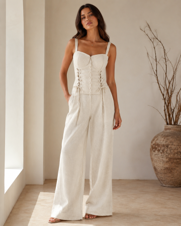 Compleuri Dama - Compleu dama elegant din in, doua piese, cu top corset si pantaloni largi de vara