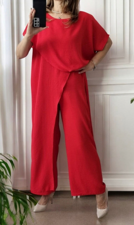 Compleu dama elegant suprapus, cu pantaloni largi si bluza asimetrica – rosu sau fucsia [1]