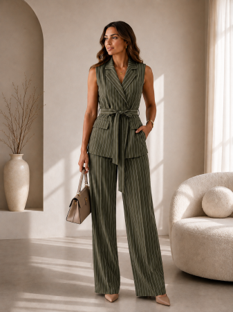Compleuri elegante - Compleu dama in dungi cu vesta petrecuta si pantaloni largi