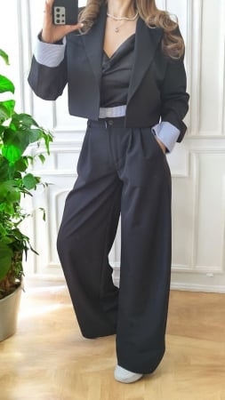 Compleuri Dama - Compleu dama premium sacou crop si pantaloni wide leg eleganti, negru