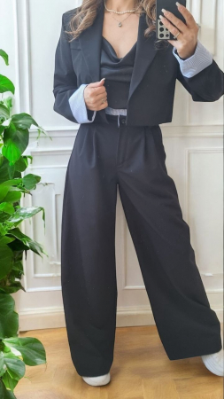 Compleu dama premium sacou crop si pantaloni wide leg eleganti, negru [1]