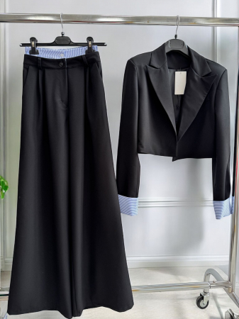 Compleu dama premium sacou crop si pantaloni wide leg eleganti, negru [3]
