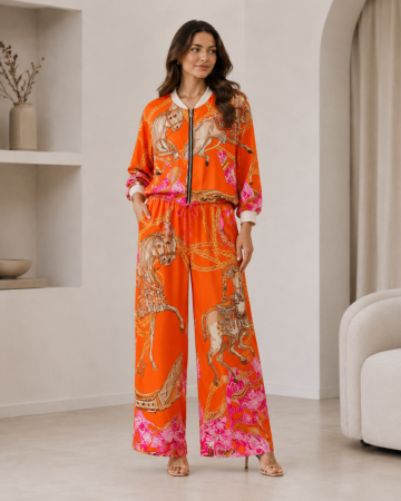 Compleuri Dama - Compleu dama satinat cu imprimeu artistic, jacheta bomber si pantaloni largi
