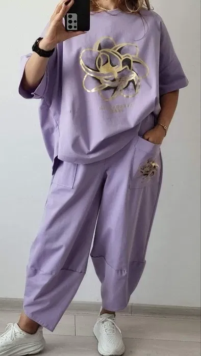 Compleuri Dama - Compleu dama trening sport pantaloni si bluza - PREMIUM COTTON - Imprimeu auriu