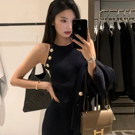 Set Dama Tricotat – Top Cropped & Fustă Maxi, Detalii Aurii, Made in Italy - ALN [1]