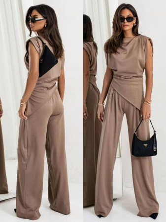 Compleuri Dama - Compleu elegant dama din crep elastic – Bluza asimetrica fara maneci & pantaloni evazati
