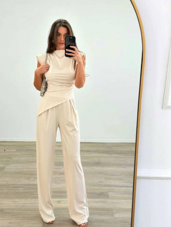 Compleuri Dama - Compleu elegant dama din crep elastic – Bluza asimetrica fara maneci & pantaloni evazati