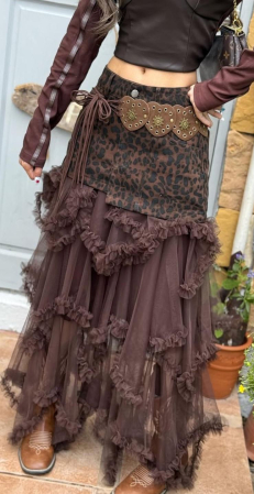 Imbracaminte Dama - Fusta Lunga Boho Maro - Tulle Volane si Animal Print Leopard