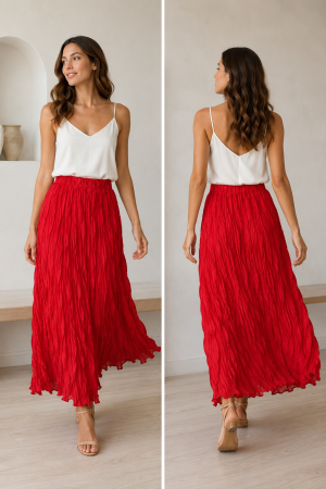 Fuste Dama - Fusta plisata rosie midi dama cu talie elastica si croi fluid