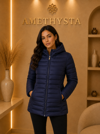 Geci Dama - Geaca bleumarin subtire cu gluga si design matlasat