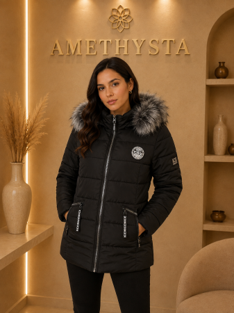 Geci Dama - Geaca neagra matlasata cu guler imblanit si detalii decorative