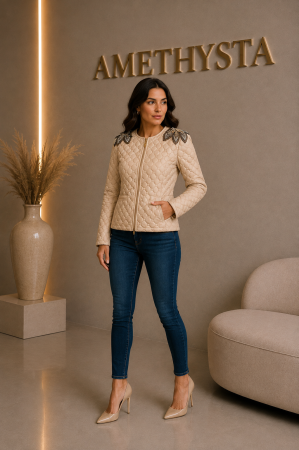 Geci Dama - Geaca scurta bej cu detalii decorative la umeri