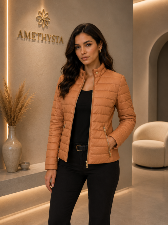 Geci Dama - Geaca subtire dama camel matlasata cu fermoar si guler inalt