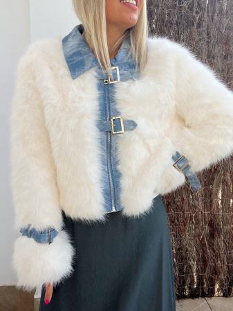 Jachete Dama - Jacheta Dama Blazer Blana Artificala si Denim