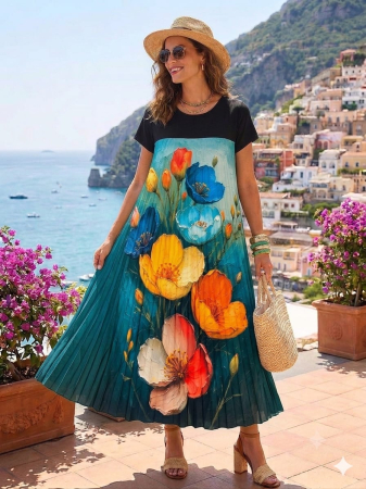 Rochii Dama - ochie lunga dama cu imprimeu floral artistic si croi evazat - negru cu turcoaz