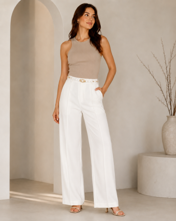 Pantaloni Dama - Pantaloni albi eleganti dama cu talie inalta si curea inclusa