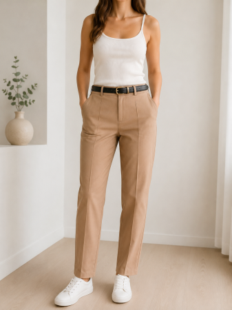 Imbracaminte Dama - Pantaloni bej cu curea din bumbac, croi conic elegant