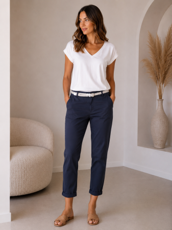 Imbracaminte Dama - Pantaloni bleumarin cu curea impletita si croi conic din bumbac
