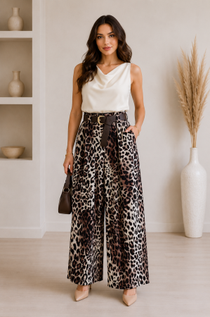Pantaloni Dama - Pantaloni dama animal print cu curea, croi evazat si talie inalta