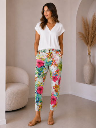 Imbracaminte Dama - Pantaloni dama cu imprimeu floral, croi conic din bumbac