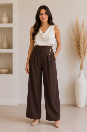 Pantaloni Dama - Pantaloni dama cu talie asimetrica si nasturi decorativi, croi drept elegant