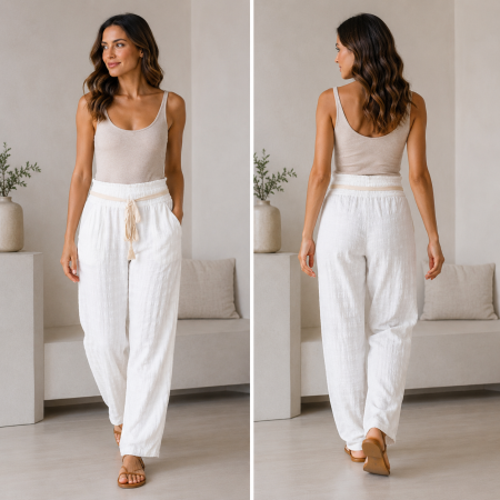 Pantaloni Dama Scurti Denim - Pantaloni dama din bumbac 100% texturat albi cu snur in talie si croi lejer