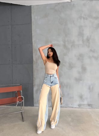 Pantaloni dama lungi denim - Blugi Mom Wide Leg Denim Blend Bumbac - Talie inalta - JUSTT [4]
