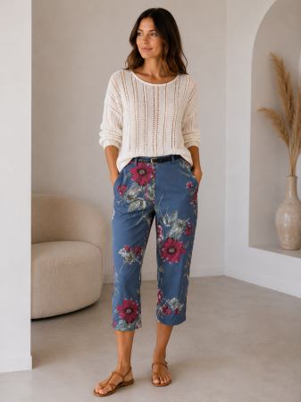 Pantaloni Dama - Pantaloni dama trei  sferturi din bumbac cu imprimeu floral si curea