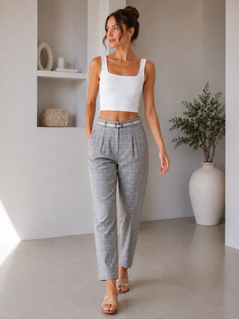 Pantaloni Dama - Pantaloni gri office cu curea si imprimeu in carouri, eleganti si moderni