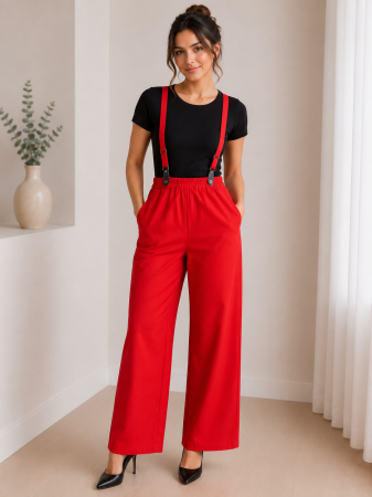 Pantaloni Dama - Pantaloni rosii cu bretele detasabile si croi drept elegant