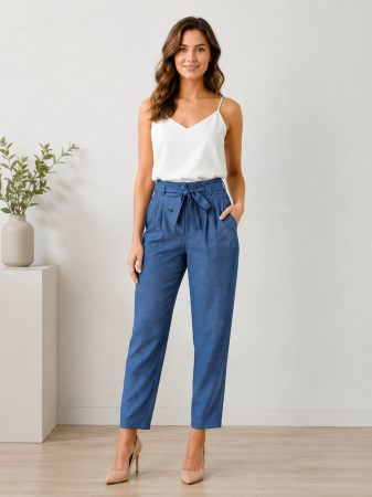 Pantaloni Dama Scurti Denim - Pantaloni subtiri din viscoza si poliamida cu talie inalta si cordon albastru