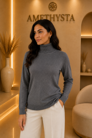 Bluze Dama - Pulover subtire gri pe gat, fin la atingere, croi clasic