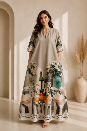 Rochii Dama - Rochie Amalfi din satin cu imprimeu artistic si decolteu in V