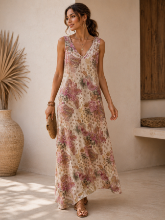 Rochii Dama - Rochie asimetrica boho lunga cu imprimeu paisley si decolteu in V