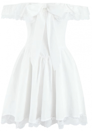 Imbracaminte Dama - Rochie Bardot A-line mini, volanase, fundita si dantela, alb/negru, marime universala s-m