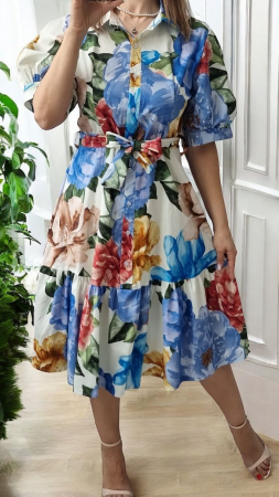 Imbracaminte Dama - Rochie camasa midi cu imprimeu floral, croiala evazata, talie inalta, stil casual Sarmina