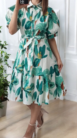 Imbracaminte Dama - Rochie camasa midi cu imprimeu floral, croiala evazata, talie inalta, stil casual Sarmina