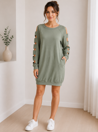 Rochii Dama - Rochie casual cu decupaje pe maneci guler rotund si elastic jos