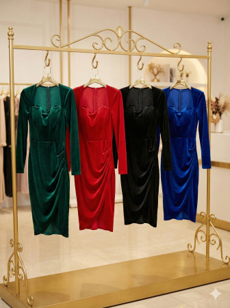 Rochii Dama - Rochie Catifea Eleganta Scurta Maneca Lunga Corset