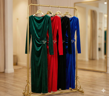 Rochie Catifea Lunga Maneca Lunga – Verde Rosu Negru Albastru [1]