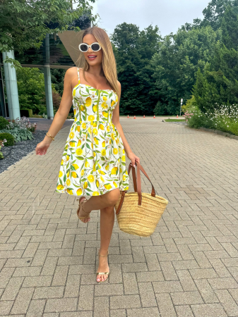 Rochie damă evazată cu bretele subțiri și imprimeu fructat – Lemon, Green Lemon, Ceramic Blu [2]