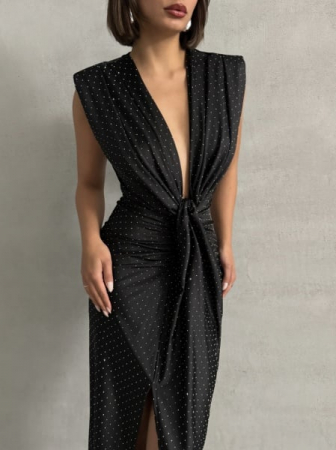 Rochie Dama Lycra croiala cu fronseuri si decolteu adanc cu strasuri - Hannah [5]
