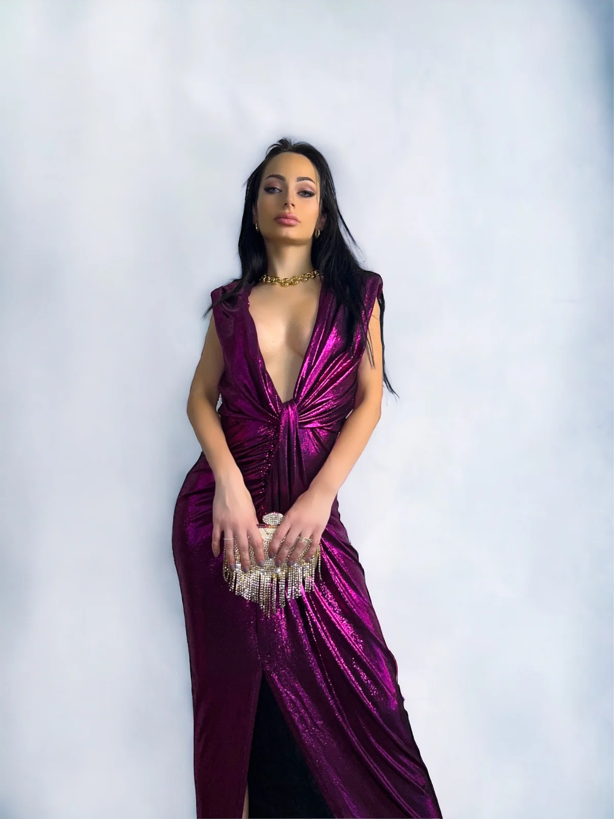 Rochie Dama Metalic croiala cu fronseuri si decolteu adanc - Hannah Imbracaminte Dama - Rochie Dama Metalic croiala cu fronseuri si decolteu adanc - Hannah