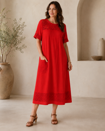 Rochii Dama - Rochie dama midi casual din bumbac, lejera, cu buzunar si detalii traforate
