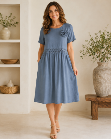 Rochii Dama - Rochie dama midi din bumbac cu buzunare, aplicatie florala si dantela decorativa