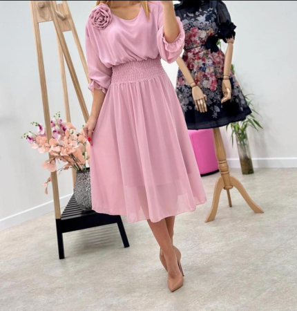 Imbracaminte Dama - Rochie Dama Midi din Voal Captusit cu Trandafir pe Umar